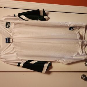 New York Jets Adidas White and Dark Green Sleeves Sports Jersey.
